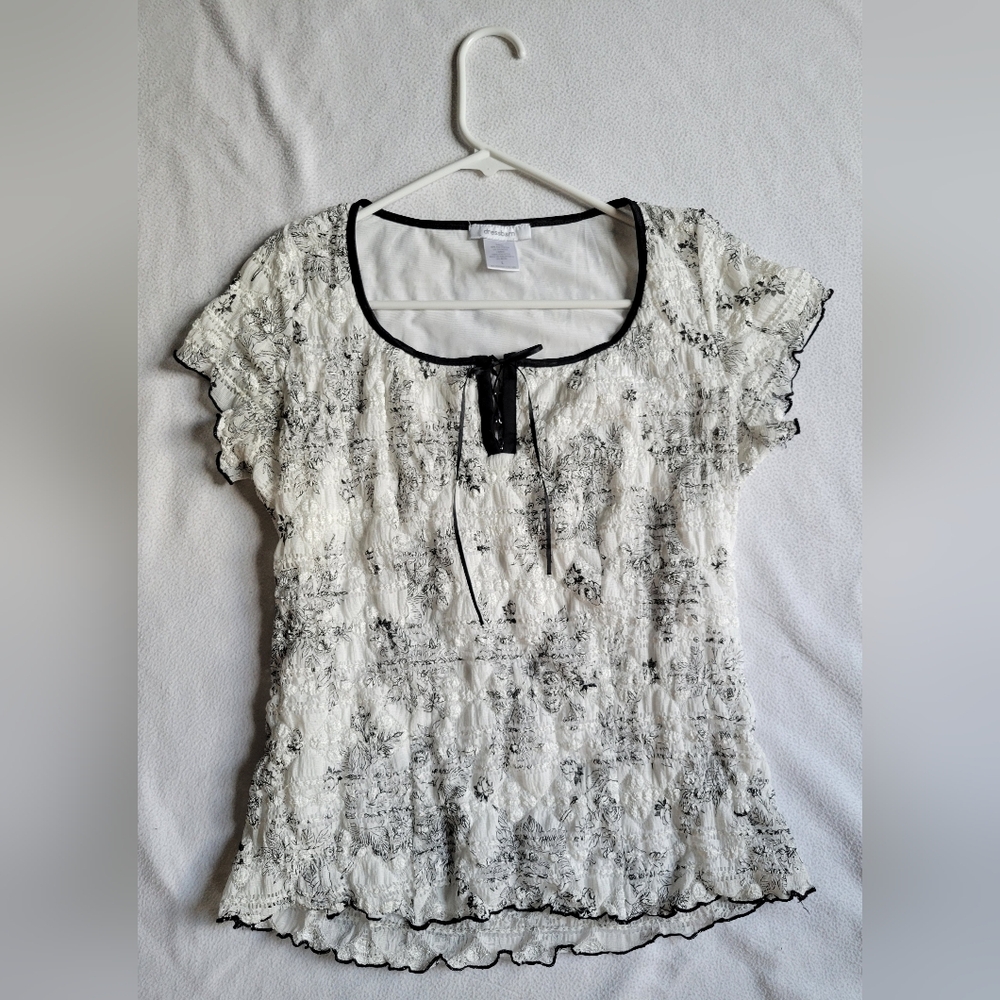 dress barn blouse, women's size L, dressy blouse, black and white